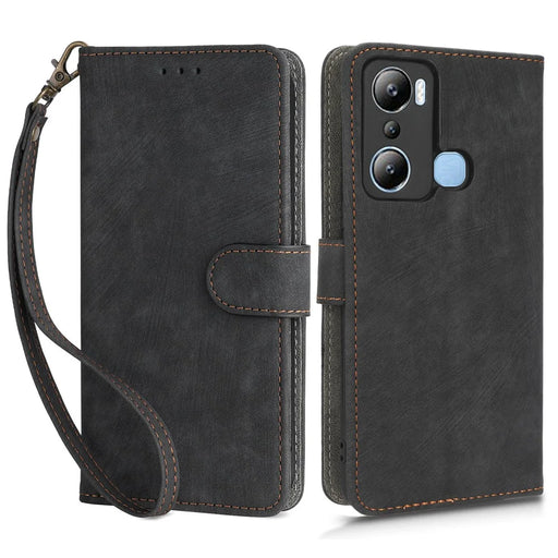 For Infinix Hot 20i 4G X665C X665E RFID Blocking Phone Case Leather Wallet Stand Phone Cover with Strap - Black - 1