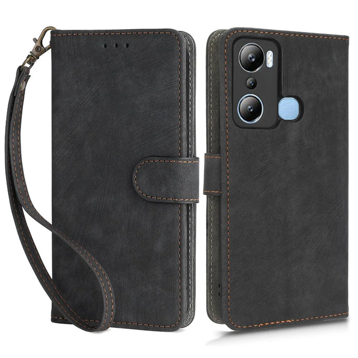 For Infinix Hot 20i 4G X665C X665E RFID Blocking Phone Case Leather Wallet Stand Phone Cover with Strap - Black - 1