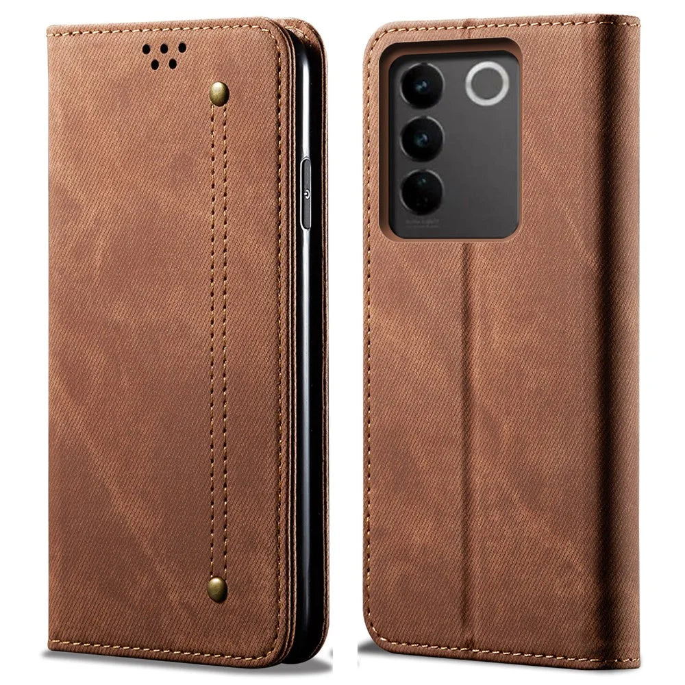 For vivo V27 5G PU Leather Flip Phone Case Jeans Cloth Texture Stand TPU Inner Shell Wallet - Coffee - 1