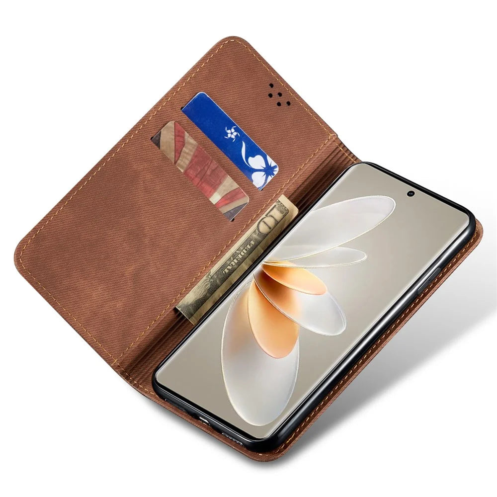 For vivo V27 5G PU Leather Flip Phone Case Jeans Cloth Texture Stand TPU Inner Shell Wallet - Coffee - 2