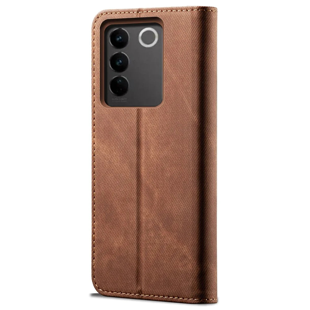 For vivo V27 5G PU Leather Flip Phone Case Jeans Cloth Texture Stand TPU Inner Shell Wallet - Coffee - 6