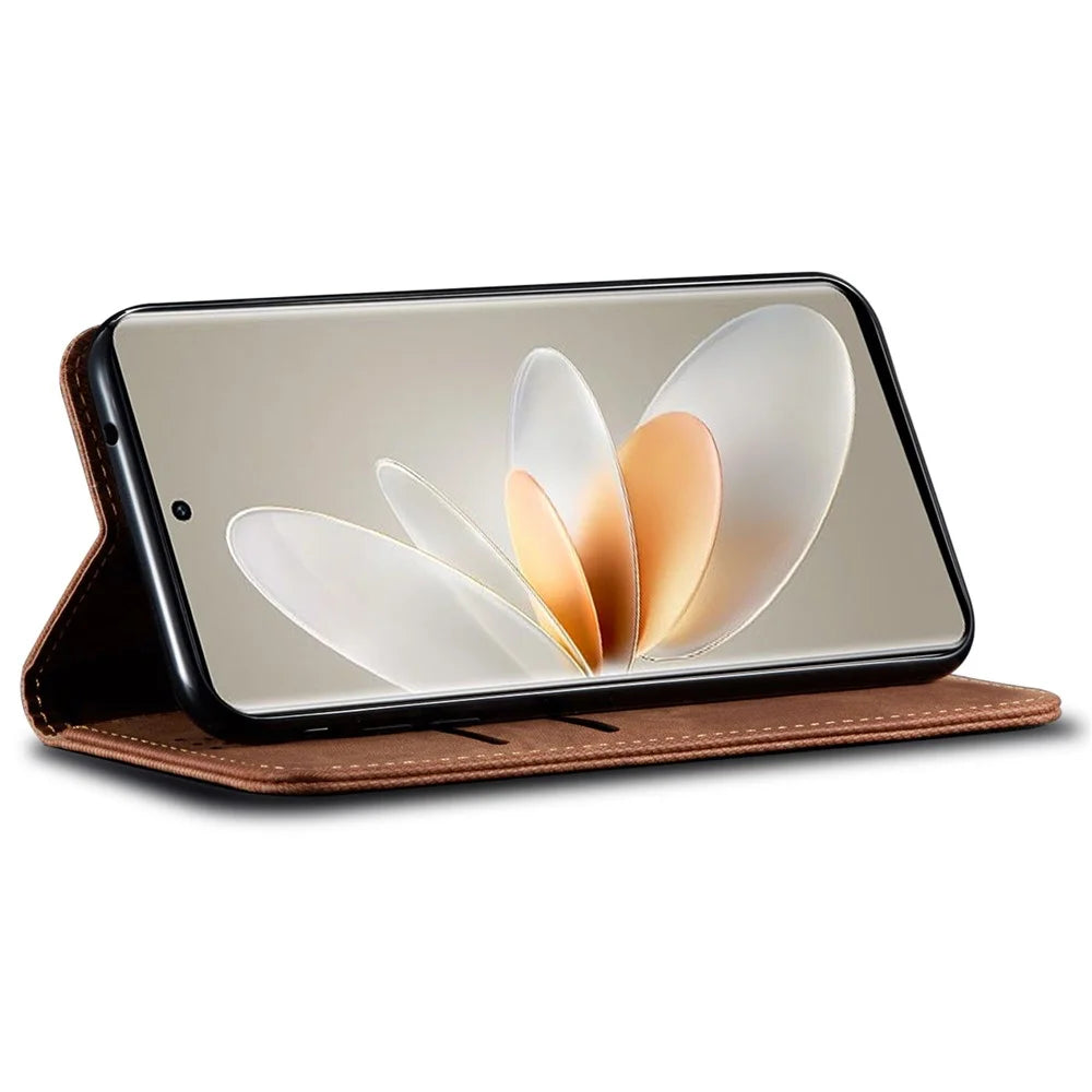 For vivo V27 5G PU Leather Flip Phone Case Jeans Cloth Texture Stand TPU Inner Shell Wallet - Coffee - 7