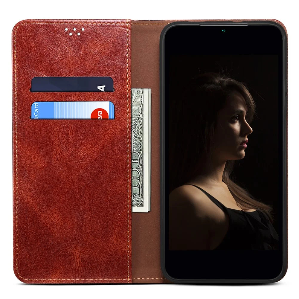 Waxy Crazy Horse Texture Phone Case for vivo V27 5G , Stand Wallet Leather Cell Phone Cover - Brown - 2