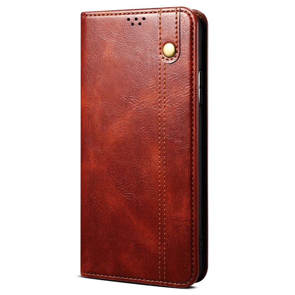 Waxy Crazy Horse Texture Phone Case for vivo V27 5G , Stand Wallet Leather Cell Phone Cover - Brown - 5