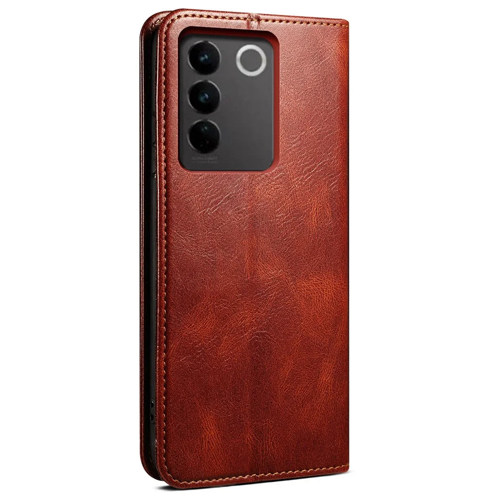 Waxy Crazy Horse Texture Phone Case for vivo V27 5G , Stand Wallet Leather Cell Phone Cover - Brown - 6
