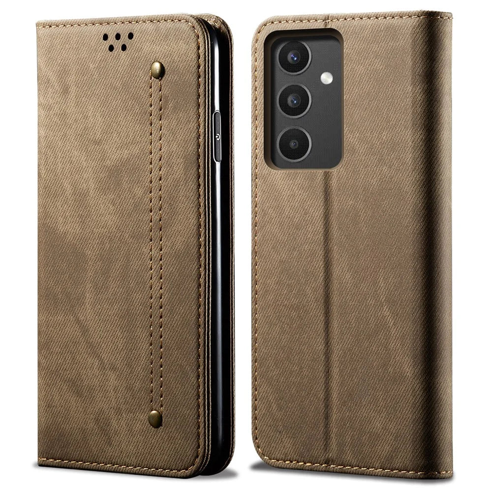 Phone Case for Samsung Galaxy A34 5G , Jeans Cloth Texture Leather Wallet Stand Phone Cover - Khaki - 1