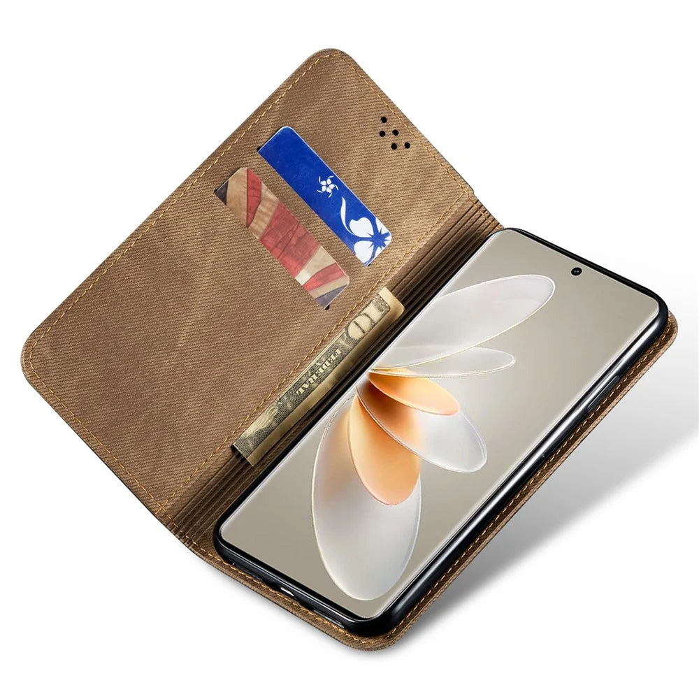 Phone Case for Samsung Galaxy A34 5G , Jeans Cloth Texture Leather Wallet Stand Phone Cover - Khaki - 2