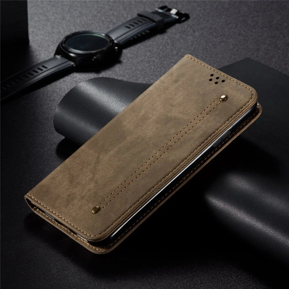 Phone Case for Samsung Galaxy A34 5G , Jeans Cloth Texture Leather Wallet Stand Phone Cover - Khaki - 4
