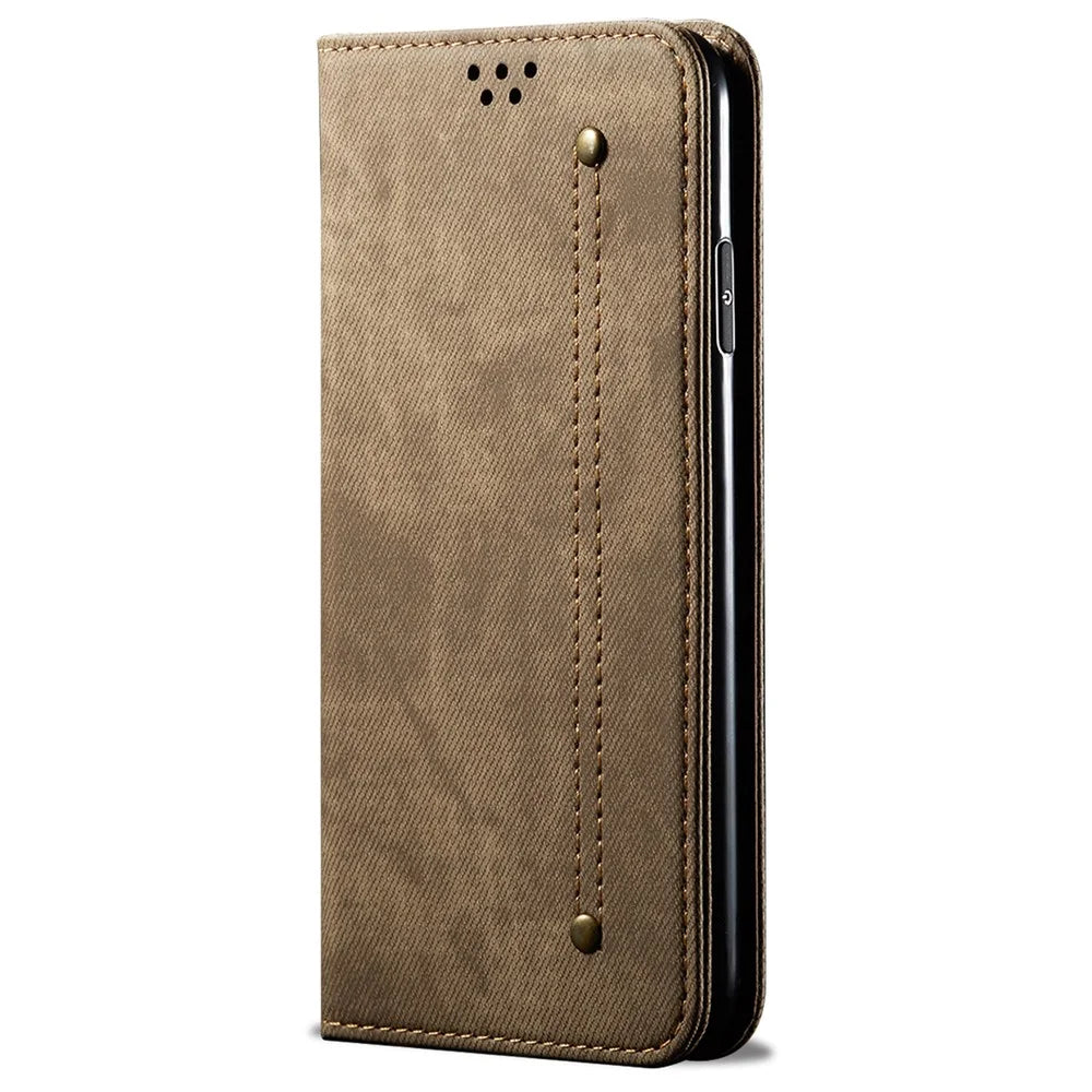 Phone Case for Samsung Galaxy A34 5G , Jeans Cloth Texture Leather Wallet Stand Phone Cover - Khaki - 5