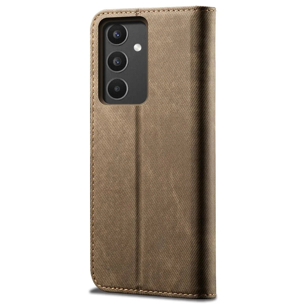 Phone Case for Samsung Galaxy A34 5G , Jeans Cloth Texture Leather Wallet Stand Phone Cover - Khaki - 6