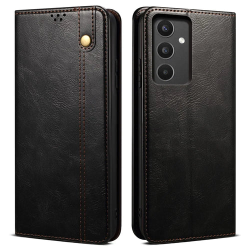 For Samsung Galaxy A34 5G Phone Cover Waxy Crazy Horse Texture Stand Wallet Cell Phone Case - Black - 1