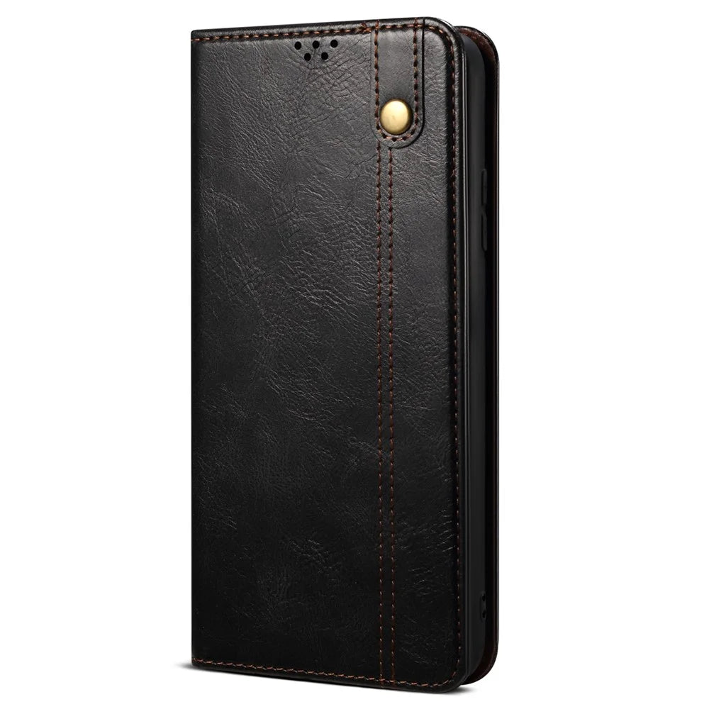 For Samsung Galaxy A34 5G Phone Cover Waxy Crazy Horse Texture Stand Wallet Cell Phone Case - Black - 6