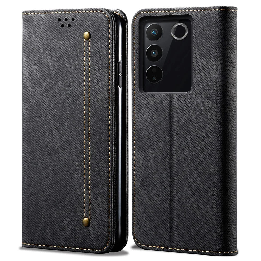 For vivo S16 Pro / S16 Jeans Cloth Texture Phone Case PU Leather Wallet Stand Phone Cover - Black - 1