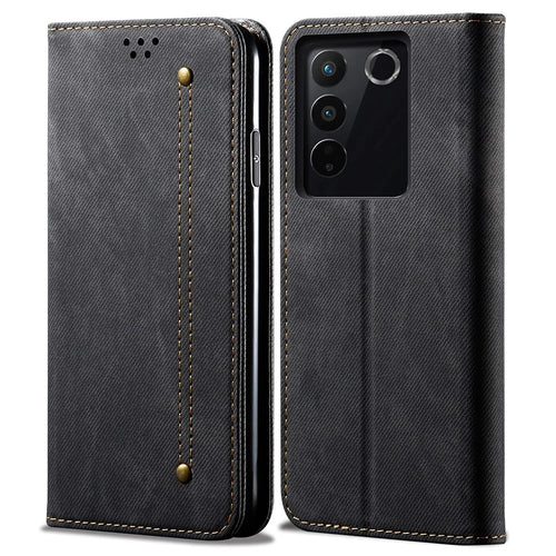 For vivo S16 Pro / S16 Jeans Cloth Texture Phone Case PU Leather Wallet Stand Phone Cover - Black - 1