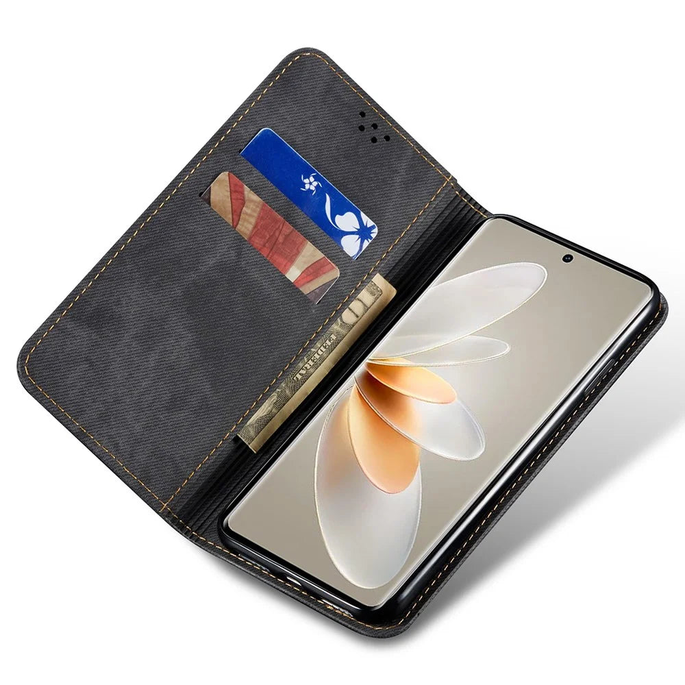 For vivo S16 Pro / S16 Jeans Cloth Texture Phone Case PU Leather Wallet Stand Phone Cover - Black - 2
