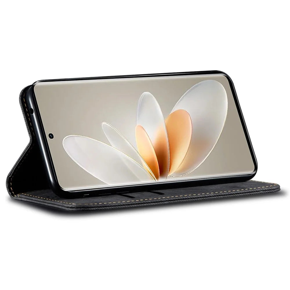 For vivo S16 Pro / S16 Jeans Cloth Texture Phone Case PU Leather Wallet Stand Phone Cover - Black - 3