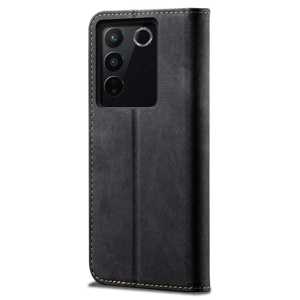For vivo S16 Pro / S16 Jeans Cloth Texture Phone Case PU Leather Wallet Stand Phone Cover - Black - 6