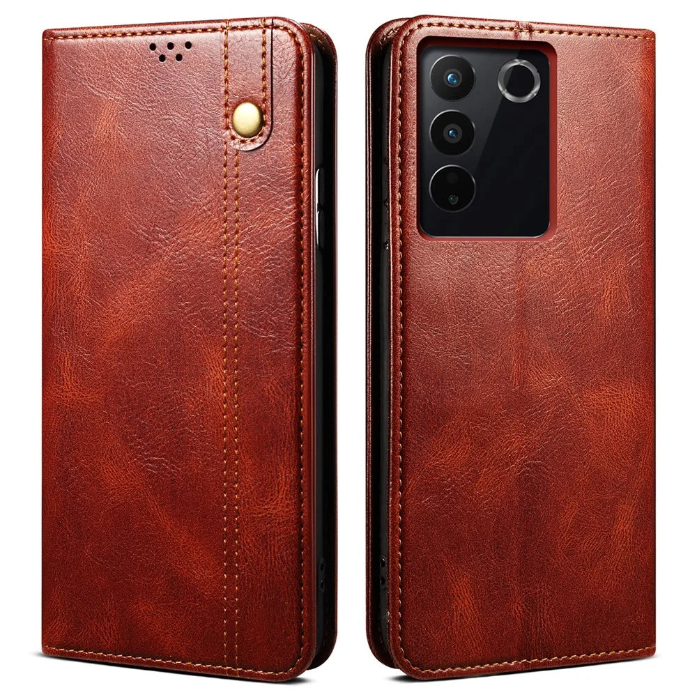 Leather Phone Case for vivo S16 Pro / S16 , Waxy Crazy Horse Texture Stand Wallet Cell Phone Cover - Brown - 1