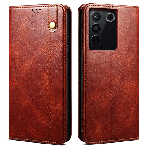 Leather Phone Case for vivo S16 Pro / S16 , Waxy Crazy Horse Texture Stand Wallet Cell Phone Cover - Brown - 1