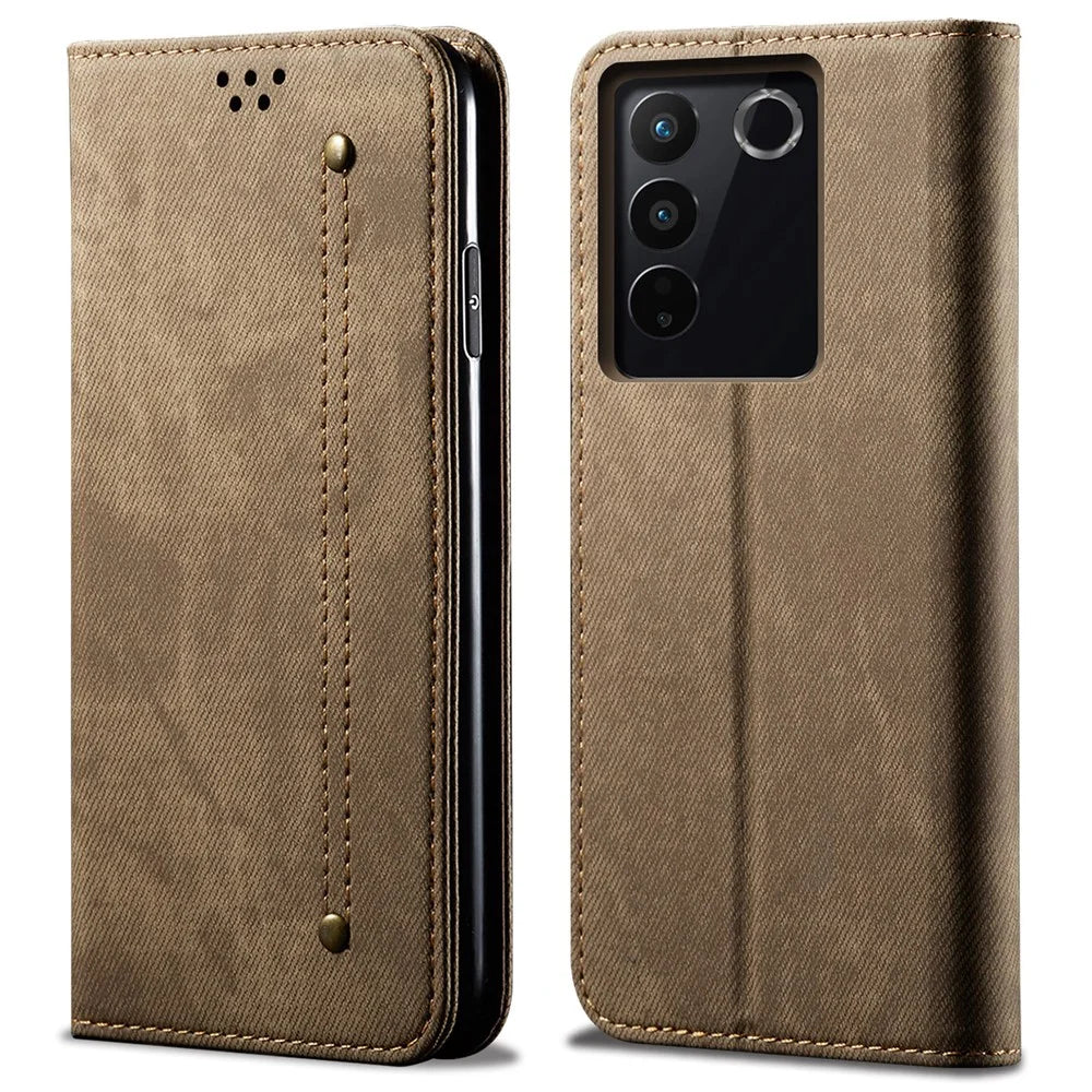 Jeans Cloth Texture Phone Case for vivo S16e 5G , PU Leather Wallet Stand Phone Cover - Khaki - 1