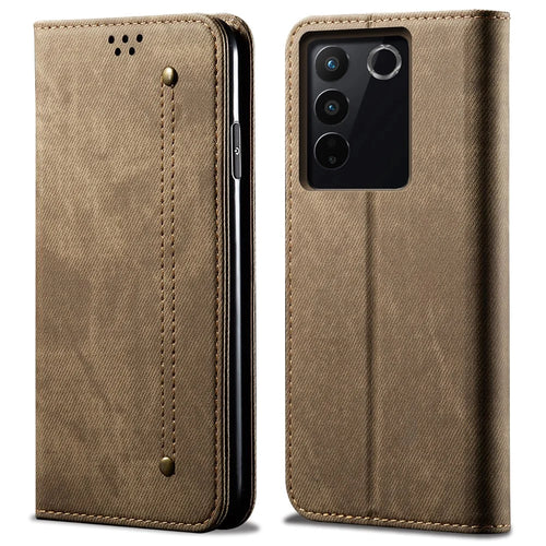 Jeans Cloth Texture Phone Case for vivo S16e 5G , PU Leather Wallet Stand Phone Cover - Khaki - 1