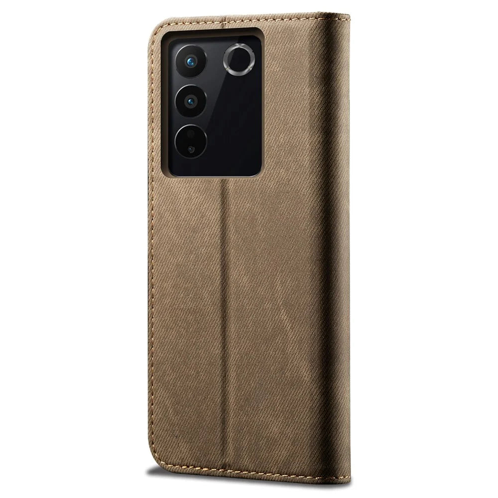 Jeans Cloth Texture Phone Case for vivo S16e 5G , PU Leather Wallet Stand Phone Cover - Khaki - 7