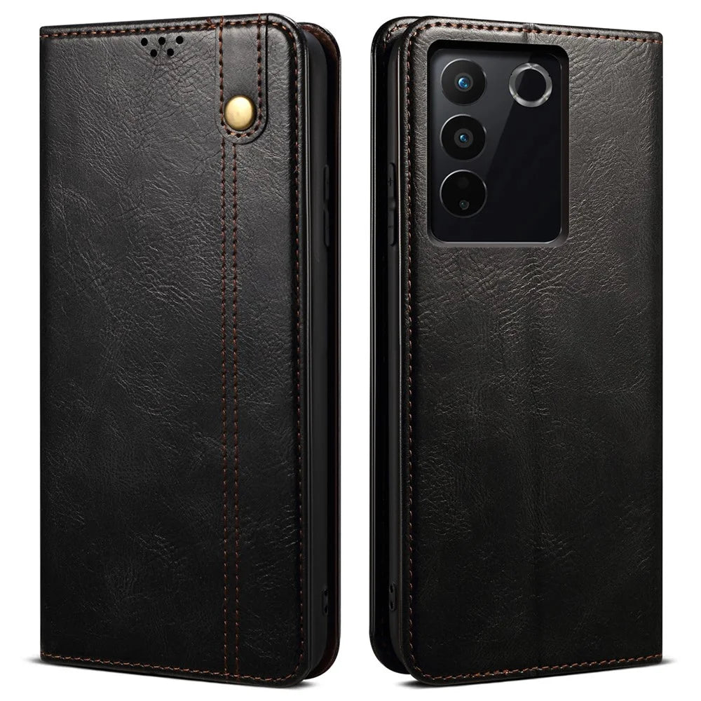 For vivo S16e 5G Wallet Leather Waxy Crazy Horse Texture Phone Case Stand Cell Phone Cover - Black - 1