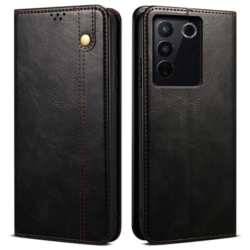 For vivo S16e 5G Wallet Leather Waxy Crazy Horse Texture Phone Case Stand Cell Phone Cover - Black - 1