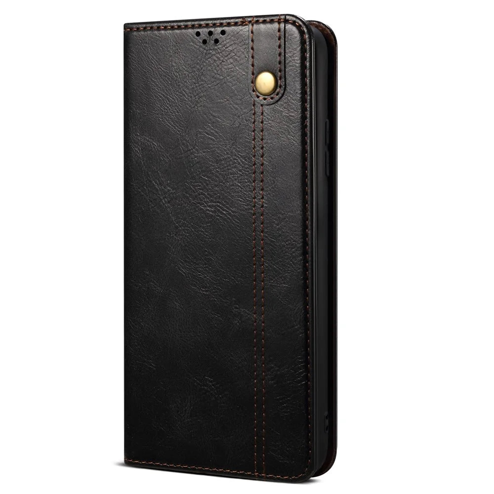 For vivo S16e 5G Wallet Leather Waxy Crazy Horse Texture Phone Case Stand Cell Phone Cover - Black - 6