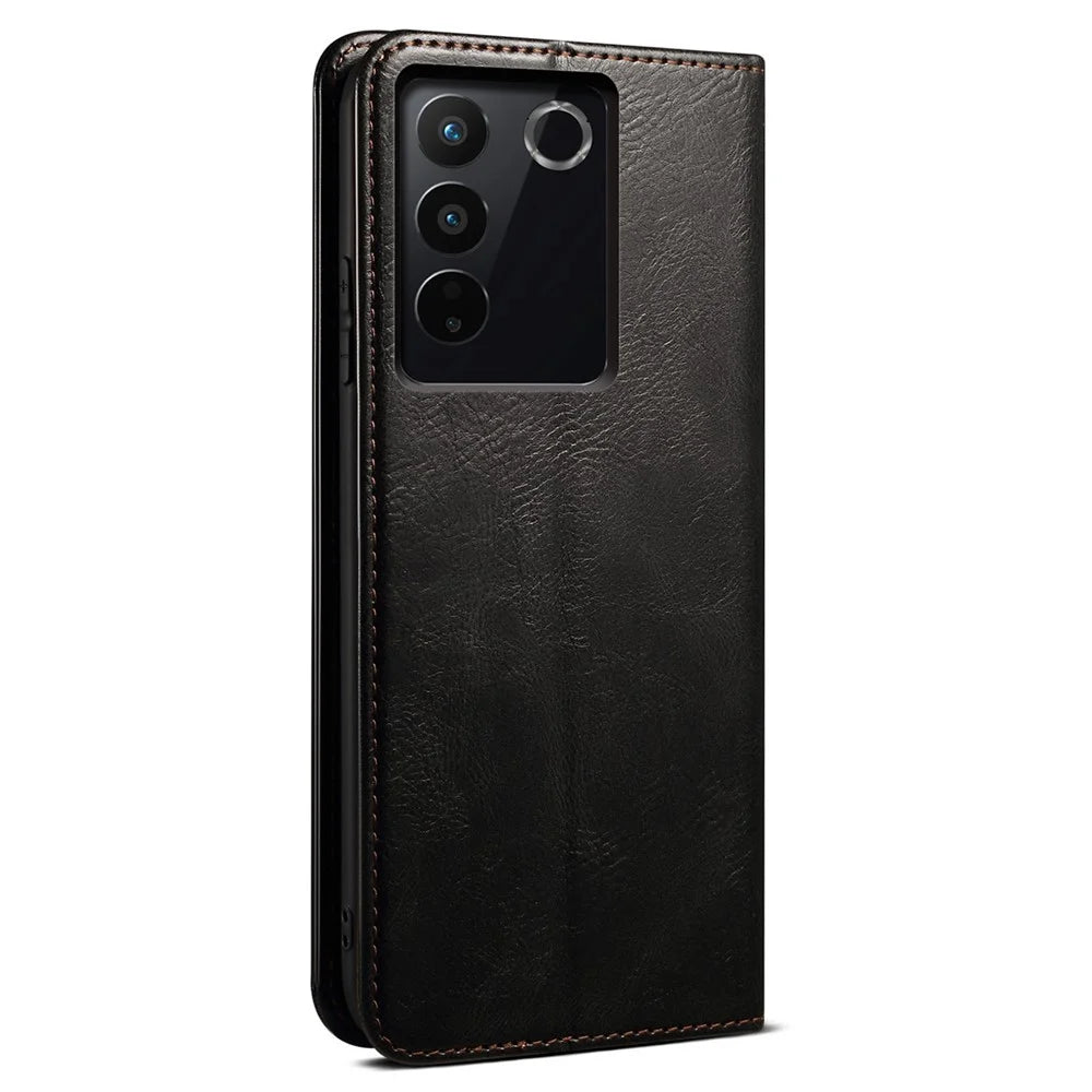 For vivo S16e 5G Wallet Leather Waxy Crazy Horse Texture Phone Case Stand Cell Phone Cover - Black - 7