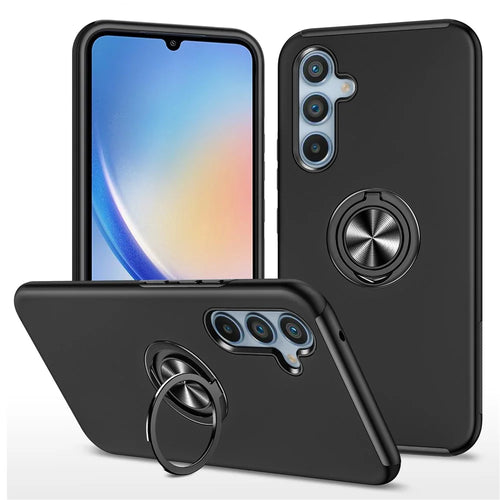 For Samsung Galaxy A34 5G Rotary Ring Kickstand Phone Case PC+TPU Anti-drop Back Cover - Black - 1