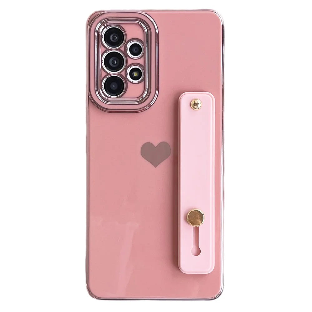 For Samsung Galaxy A53 5G Kickstand Strap Phone Case Heart Pattern Electroplating TPU Back Cover - Pink - 1