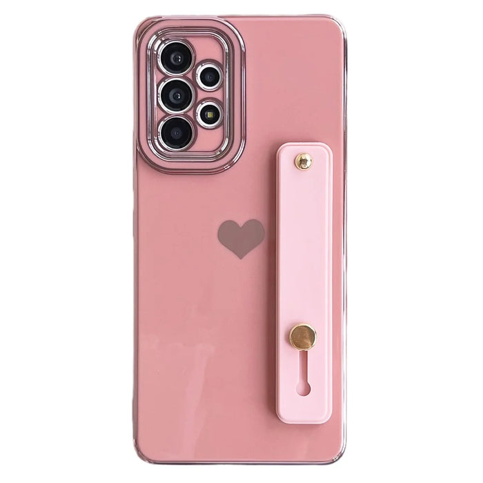 For Samsung Galaxy A53 5G Kickstand Strap Phone Case Heart Pattern Electroplating TPU Back Cover - Pink - 1