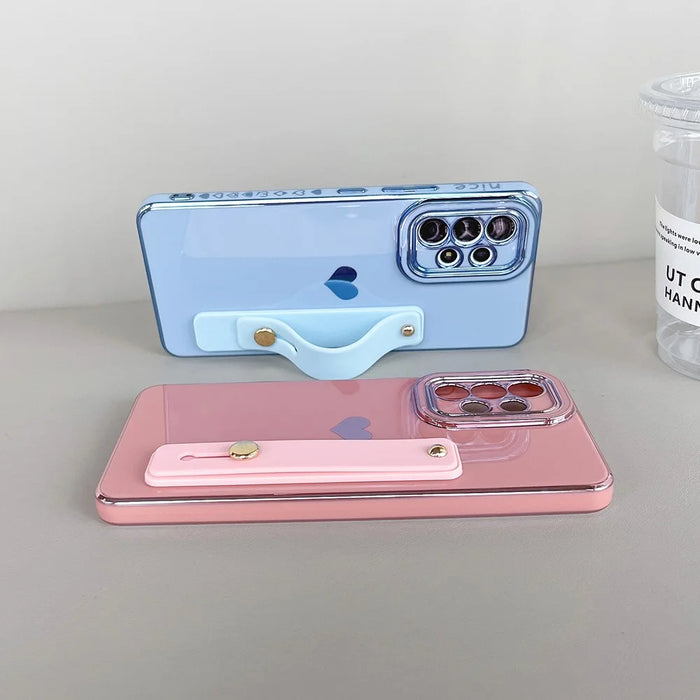 For Samsung Galaxy A53 5G Kickstand Strap Phone Case Heart Pattern Electroplating TPU Back Cover - Pink - 7