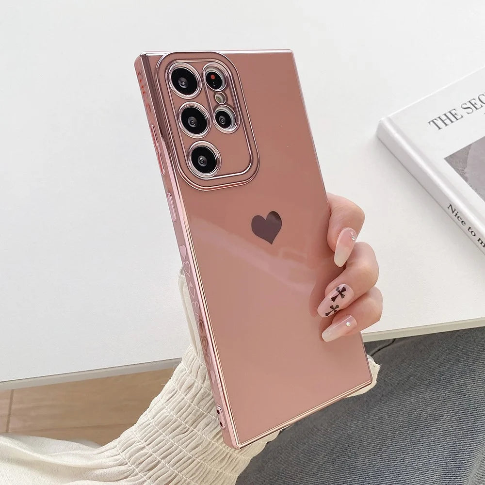 For Samsung Galaxy S23 Ultra Love Heart 6D Plating Phone Cover Soft TPU Camera Protection Case - Pink - 2