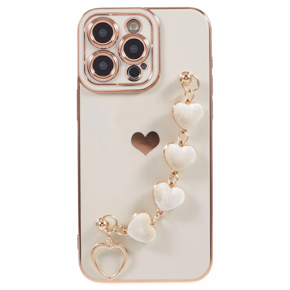 For iPhone 14 Pro Max Electroplating Phone Case Soft TPU Back Cover with Plush Love-Heart Strap - White - 1