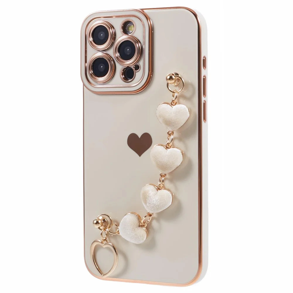For iPhone 14 Pro Max Electroplating Phone Case Soft TPU Back Cover with Plush Love-Heart Strap - White - 3