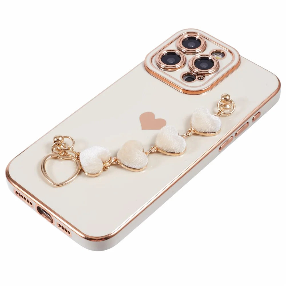 For iPhone 14 Pro Max Electroplating Phone Case Soft TPU Back Cover with Plush Love-Heart Strap - White - 4