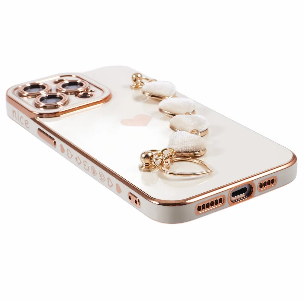 For iPhone 14 Pro Max Electroplating Phone Case Soft TPU Back Cover with Plush Love-Heart Strap - White - 5