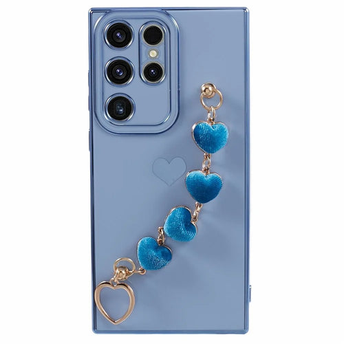 For Samsung Galaxy S23 Ultra Phone TPU Case Electroplating Phone Cover with Plush Love-Heart Strap - Blue - 1