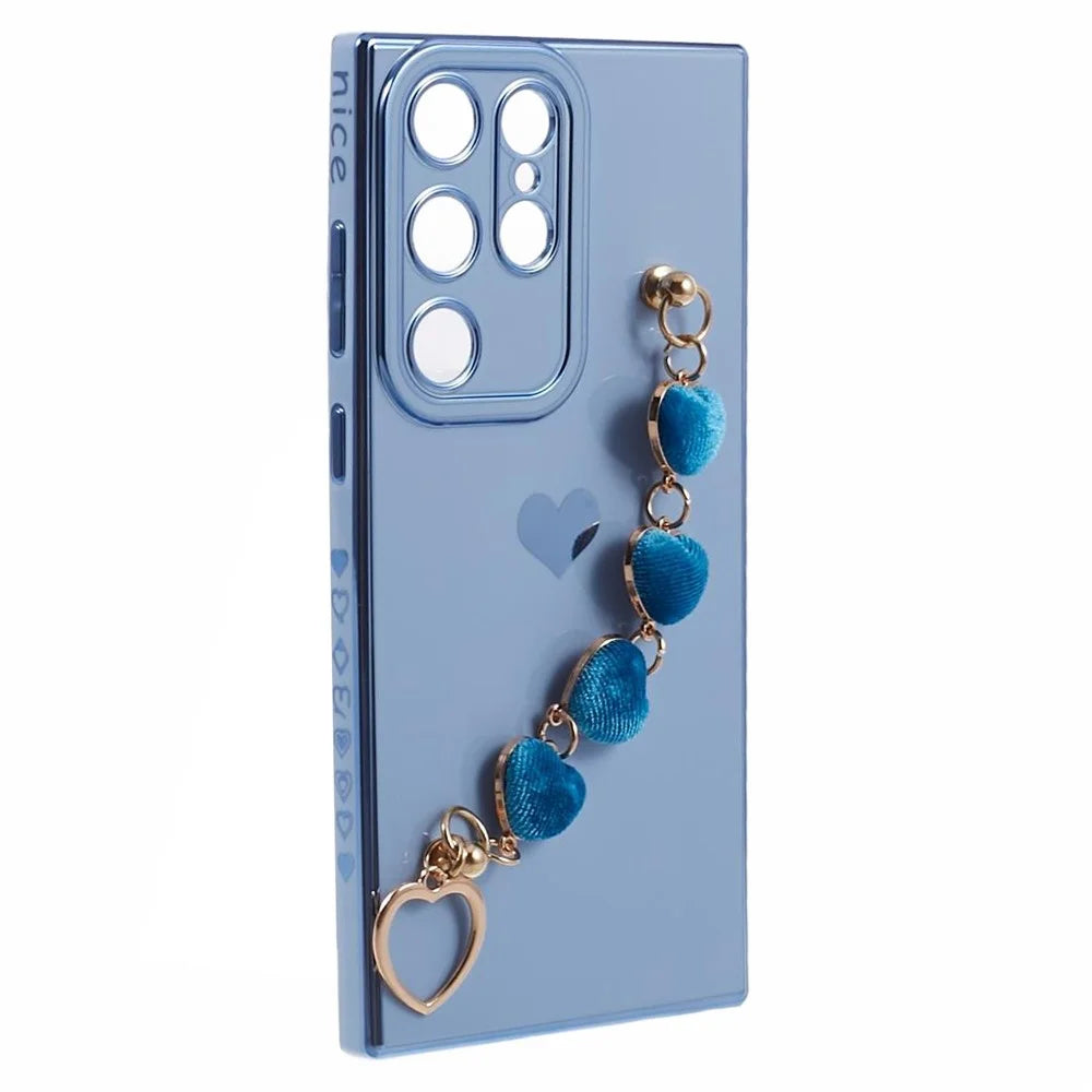 For Samsung Galaxy S23 Ultra Phone TPU Case Electroplating Phone Cover with Plush Love-Heart Strap - Blue - 3