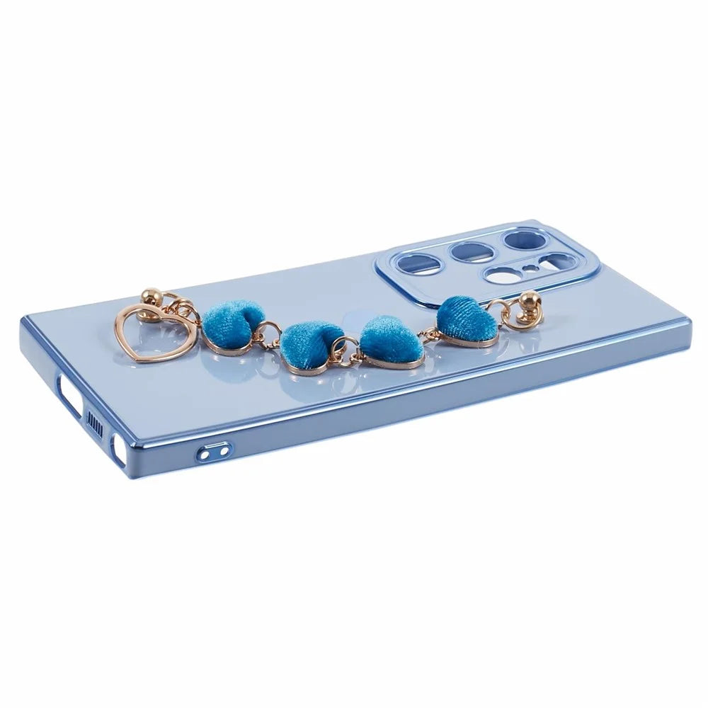 For Samsung Galaxy S23 Ultra Phone TPU Case Electroplating Phone Cover with Plush Love-Heart Strap - Blue - 4