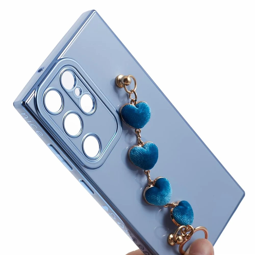 For Samsung Galaxy S23 Ultra Phone TPU Case Electroplating Phone Cover with Plush Love-Heart Strap - Blue - 6