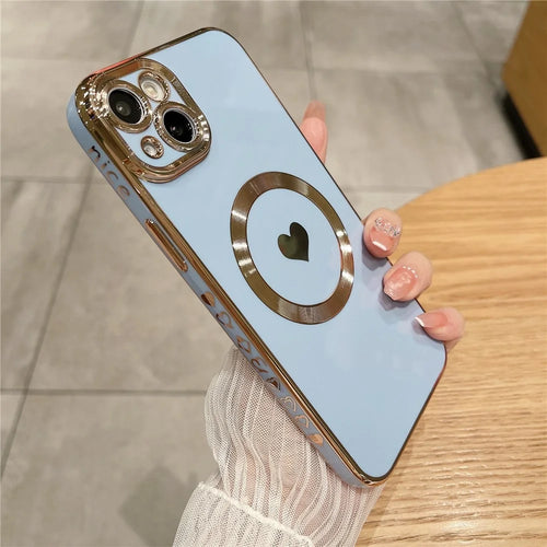 For iPhone 14 Magnetic Phone Case 6D Electroplating Love Heart Phone TPU Cover Compatible with MagSafe - Blue - 1