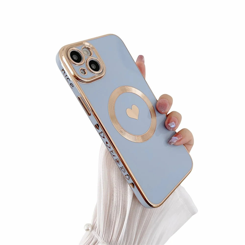 For iPhone 14 Magnetic Phone Case 6D Electroplating Love Heart Phone TPU Cover Compatible with MagSafe - Blue - 2