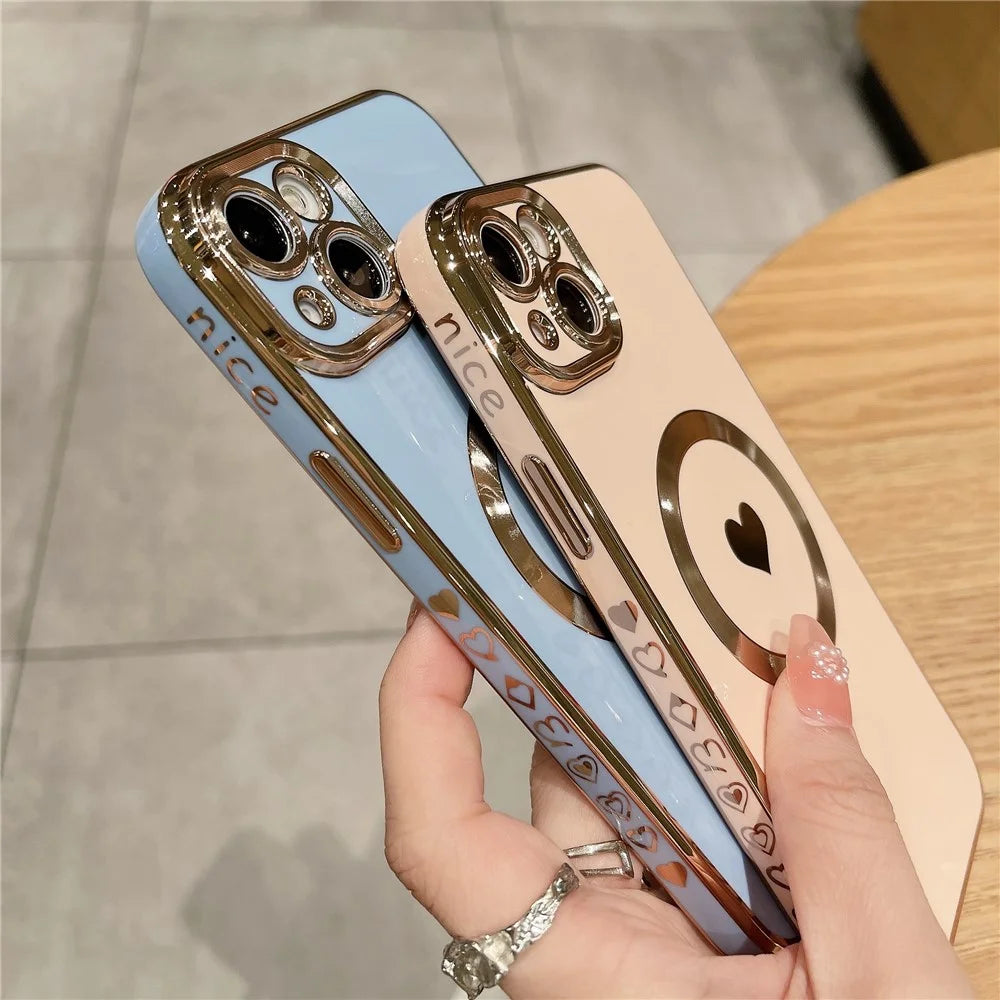 For iPhone 14 Magnetic Phone Case 6D Electroplating Love Heart Phone TPU Cover Compatible with MagSafe - Blue - 5