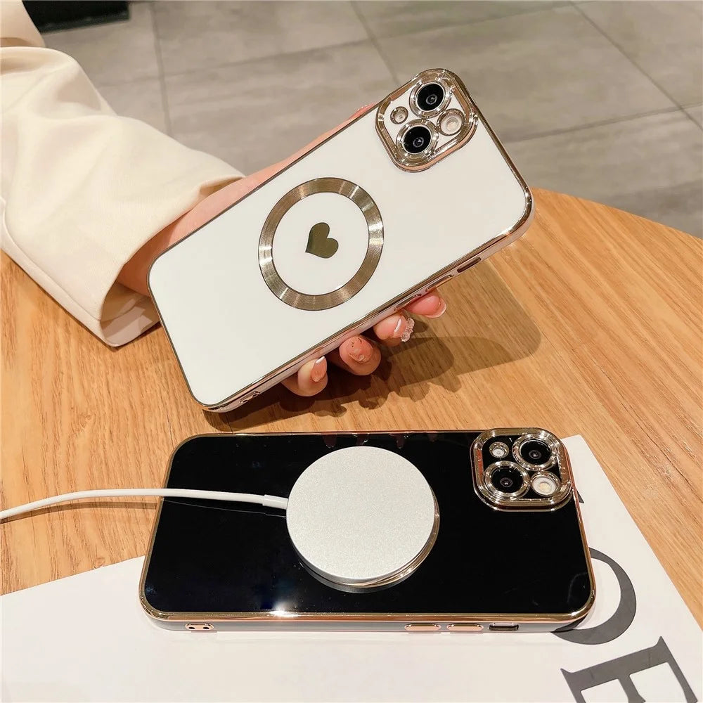 For iPhone 14 Magnetic Phone Case 6D Electroplating Love Heart Phone TPU Cover Compatible with MagSafe - Blue - 7