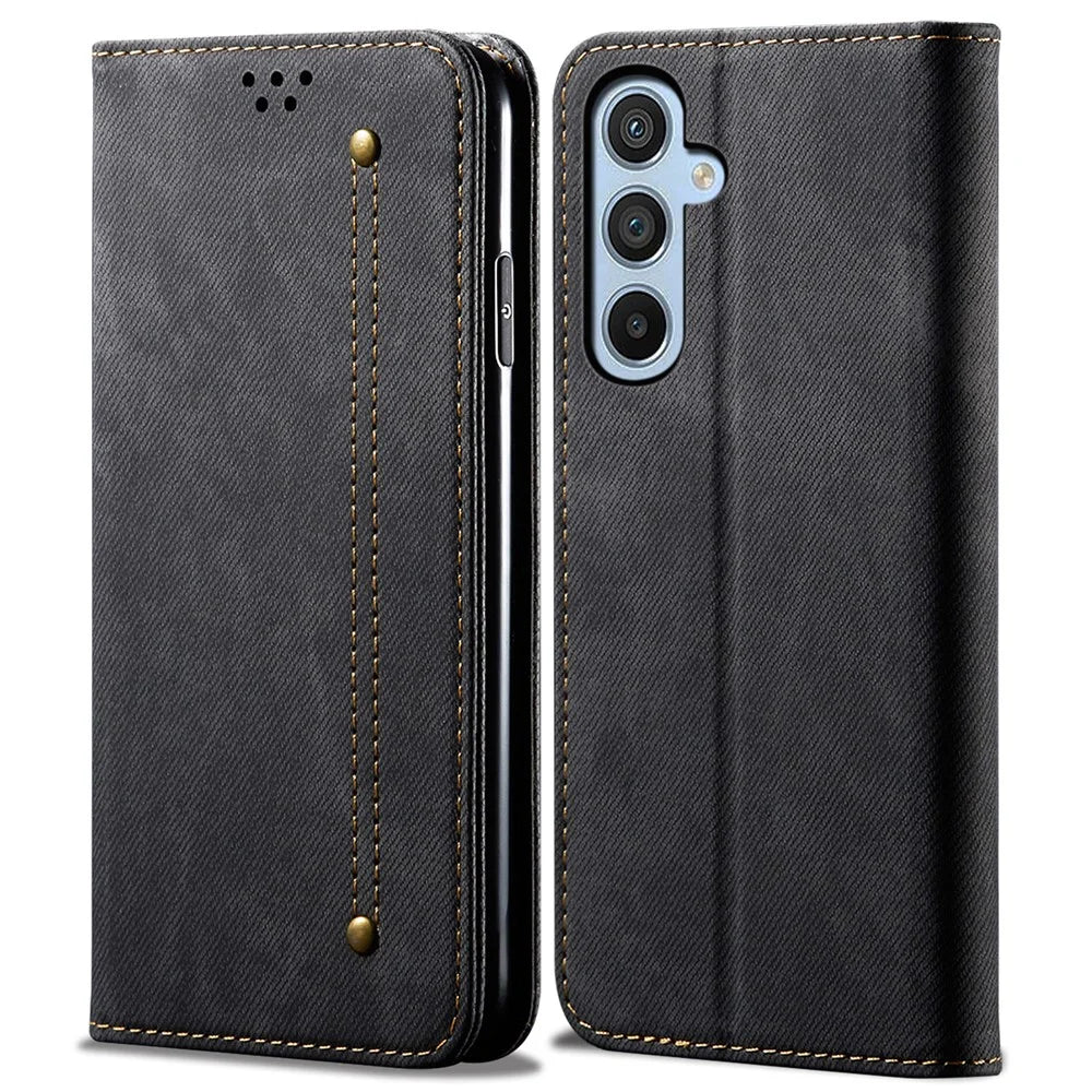 For Samsung Galaxy M14 Phone Case Cover Jeans Cloth Texture Stand Flip Shell PU Leather Wallet - Black - 1