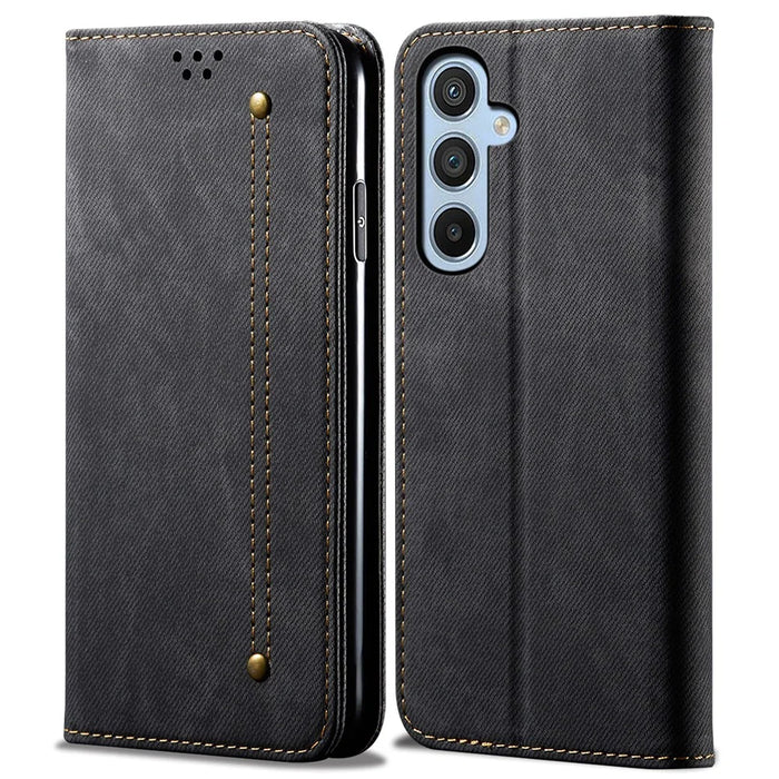 For Samsung Galaxy M14 Phone Case Cover Jeans Cloth Texture Stand Flip Shell PU Leather Wallet - Black - 1