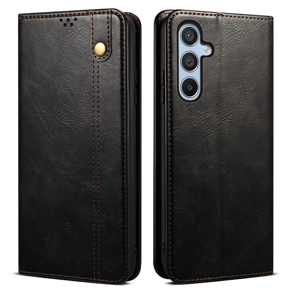 For Samsung Galaxy M14 5G Wallet Waxy Crazy Horse Texture Leather Phone Case Stand Cell Phone Cover - Black - 1